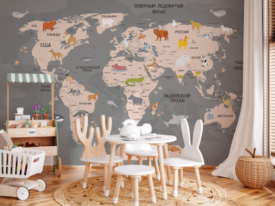 Бесшовная фреска «Карта мира в серых тонах»