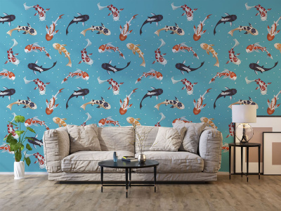 Бесшовная фреска «Карпы кои в бирюзовой гармонии»