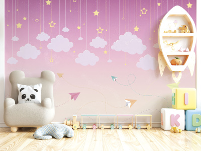 Бесшовная фреска «Бумажные самолетики в облаках»