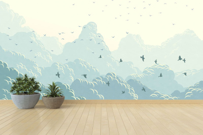 Бесшовная фреска «Птицы и облака»