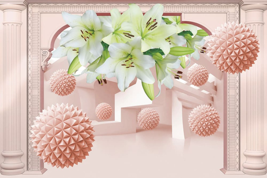 Бесшовная фреска «Нежные лилии и розовые сферы»