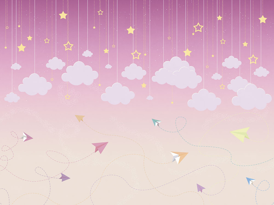 Бесшовная фреска «Бумажные самолетики в облаках»